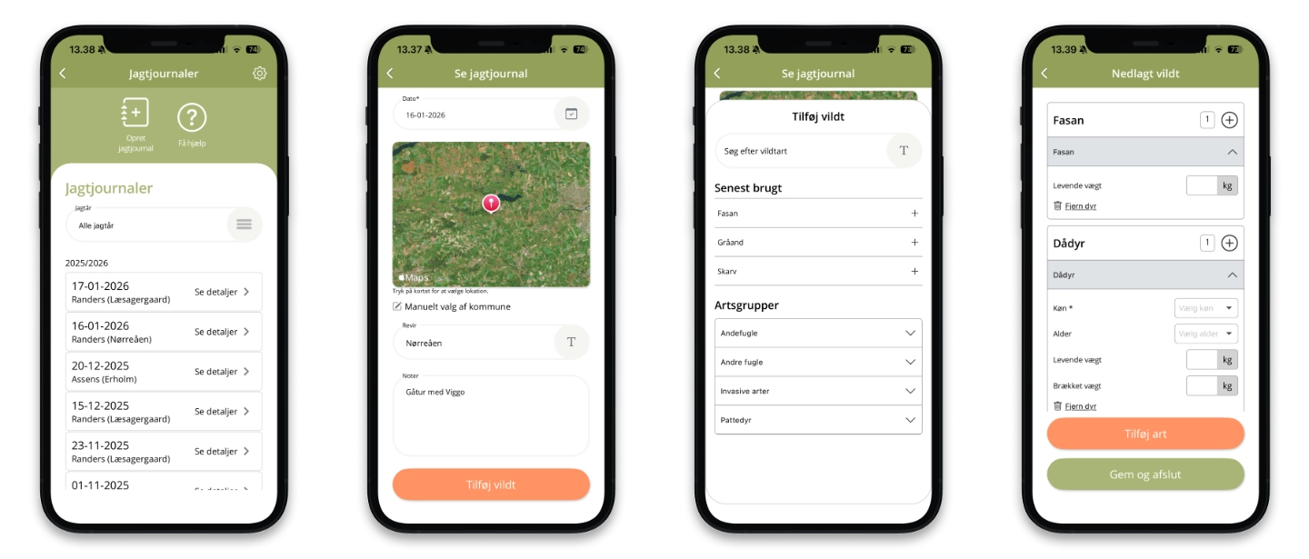 Skærme fra flowet til registrering af nedlagt vildt i Danmarks Jægerforbunds app Jæger.