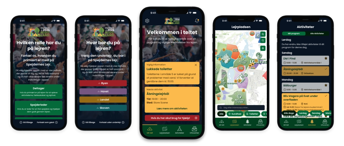 Skærme fra lejrappens onboarding og hovedfunktioner: rollevalg, underlejr, personligt program, kort og aktivitetsoversigt.