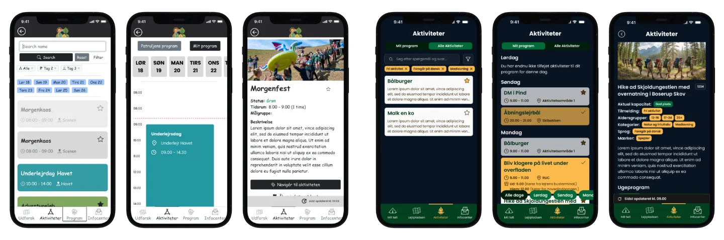Sammenligning af wireframes og færdigt design af lejrappens aktivitets- og programsider, der viser udviklingen fra strukturel skitse til visuelt og funktionelt UI.